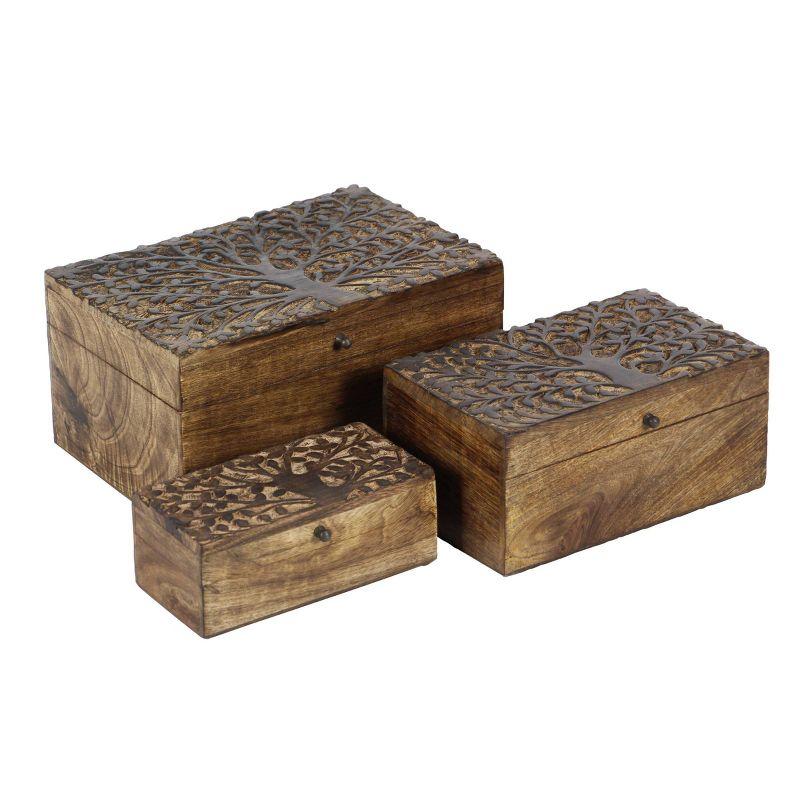 Olivia & May Set of 3 Rustic Carved Mango Wood Boxes : Handmade Keepsake Storage