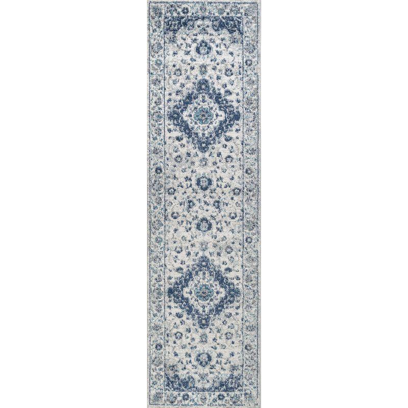 2'x8' Indhira Ornate Medallion Persian Runner Rug, Blue/Gray - JONATHAN Y