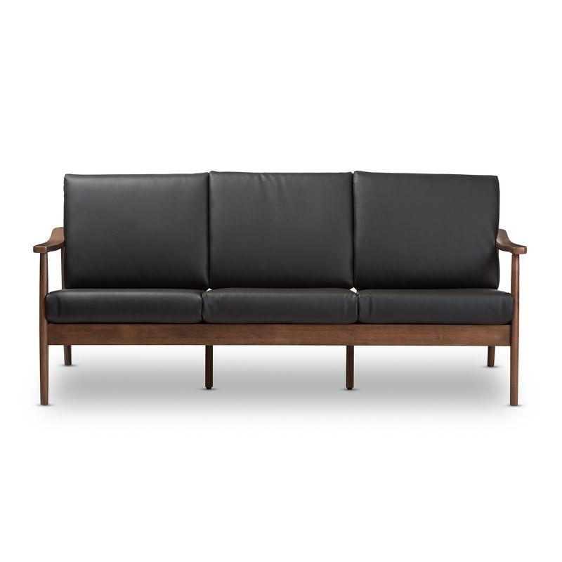 Venza Mid-Modern Walnut Wood Faux Leather 3 Seater Sofa Black - Baxton Studio: Rubberwood Frame, Tufted Back, 700lb Capacity