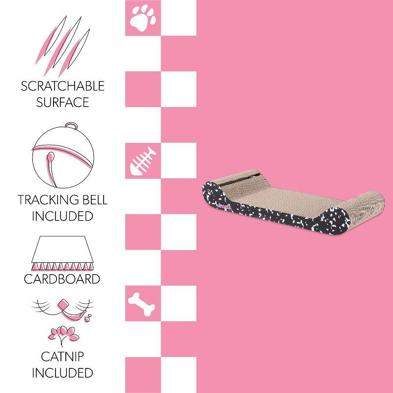 THE LICKER STORE Rini 23.75" Modern Cardboard Lounge Bed Cat Scratcher with Built-In Bell Toys and Catnip, Black/White