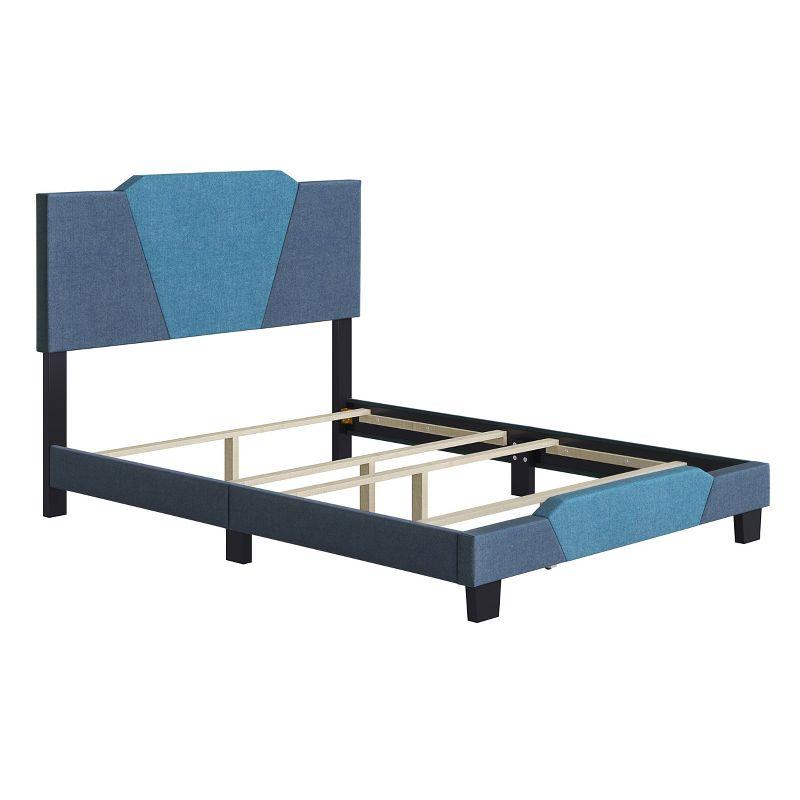 Queen Blue Upholstered Wood Frame Bed with Linen Headboard