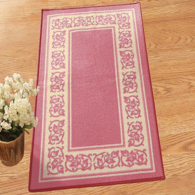 Pink Floral Border Rectangular Washable Accent Rug