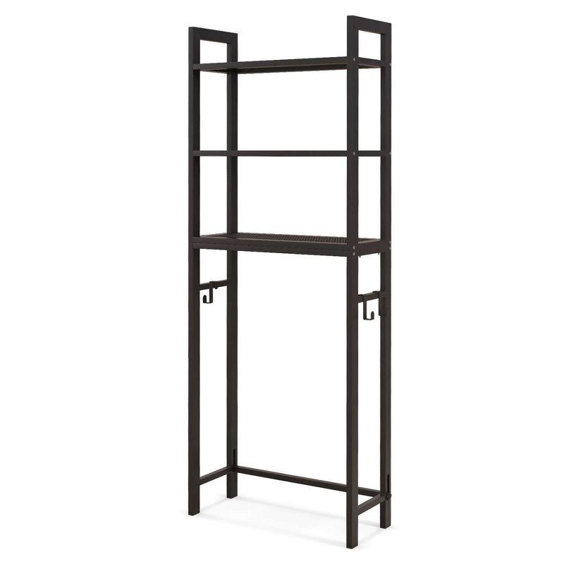 Tangkula Over-The-Toilet Storage Shelf Space Saving Metal Bathroom Organizer Hooks Brown
