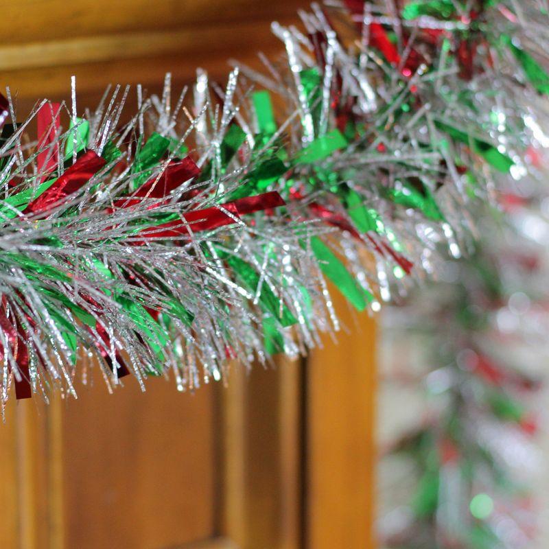 Northlight 12' x 4" Unlit Green/Red Wide Cut Metallic Silver Tinsel Christmas Garland