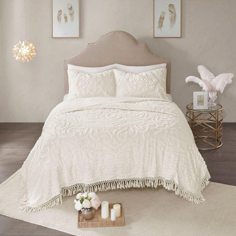 Laetitia Tufted Chenille Cotton Medallion Fringe Coverlet Set