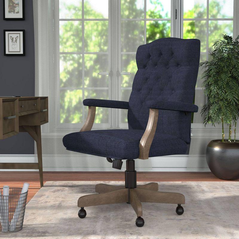 Elegant Denim Blue High-Back Executive Chair with Driftwood Wood Base