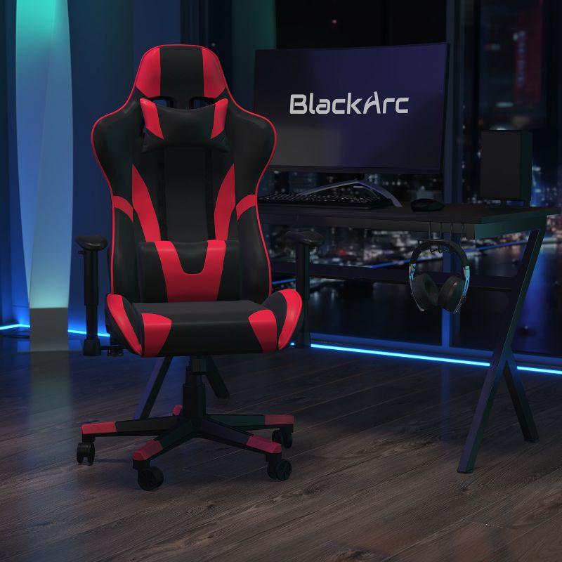 BlackArc High Back Reclining Gaming Chair in Black & Red Faux Leather -Height Adjustable Arms - Headrest & Lumbar Support Pillows