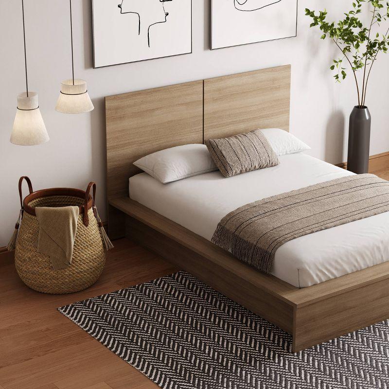 Nexera Full James Platfrom Bed with Headboard Brown Oak: Modern Style, Particle Board Frame, No Box Spring Needed