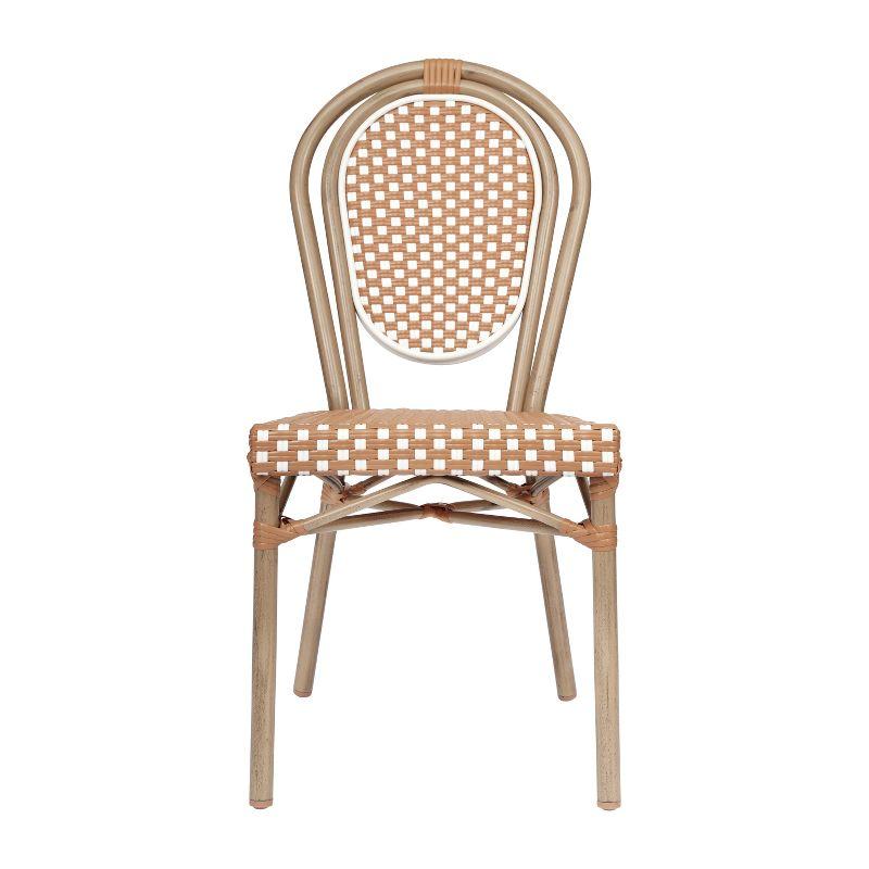 Flash Furniture 4 PK Lourdes Indoor/Outdoor Commercial Thonet Bistro Stack Chair, Natural/White PE Rattan & Bamboo Print Aluminum Frame in Light Nat