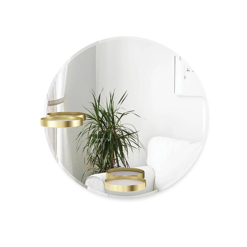 Frameless Round Wall Mirror with Brass Shelves