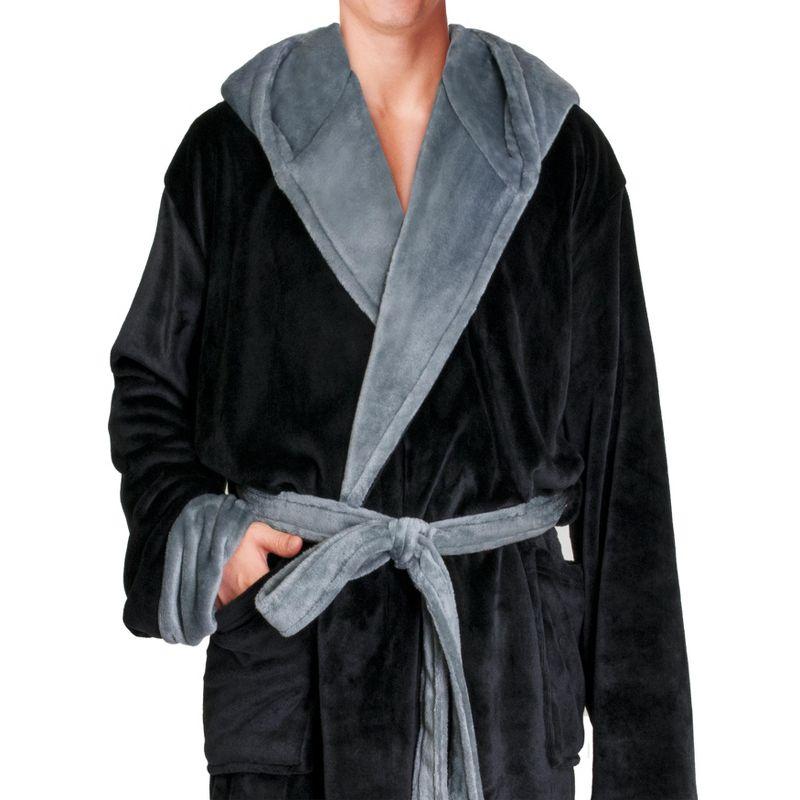 PAVILIA Mens Robe, Hooded Soft Bathrobe for Men, Fleece Plush Warm Shawl Collar Hood Pockets for Bath Shower Spa (Black/Gray, One Size)