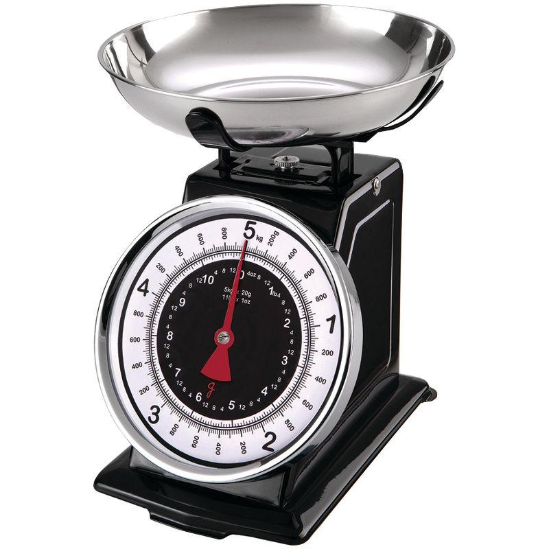 Retro Black and Silver Mechanical Kitchen Scale with Stainless Steel Bowl