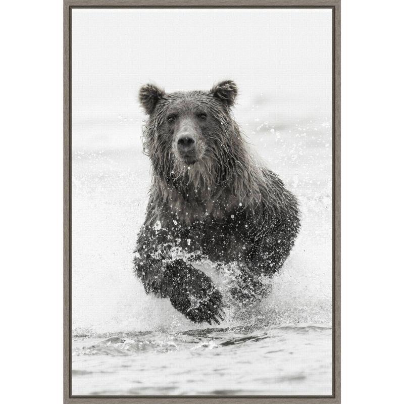 27" x 19" Monochromatic Bear Fishing Framed Canvas Print