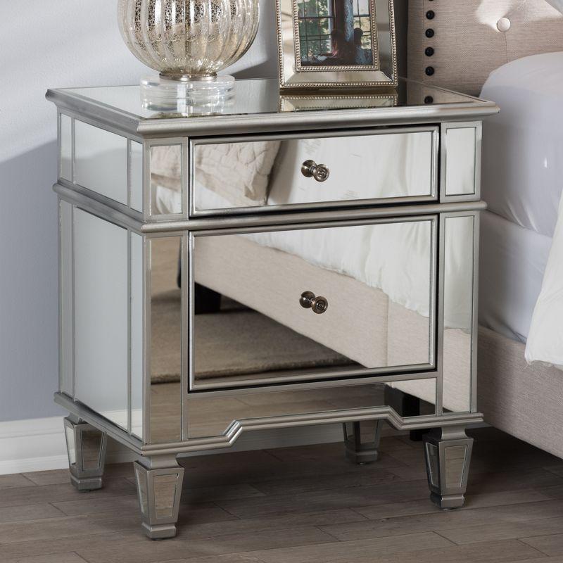 Sussie Hollywood Regency Glamour Style Mirrored 2 - Drawer Nightstand - Baxton Studio: Bronze Hardware, Beveled Top