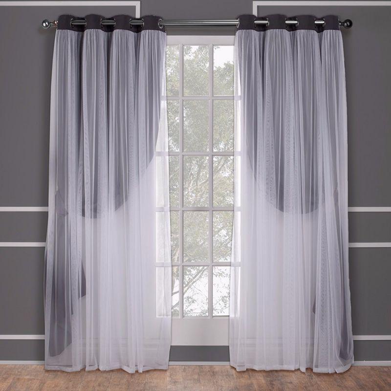 Set of 2 (108"x52") Caterina Layered Solid Blackout with sheer top Curtain Panels Black Pearl - Exclusive Home