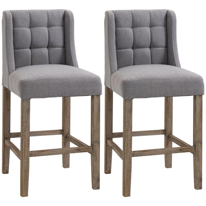 HOMCOM Counter Height Bar Stools, Tufted Upholstered Barstools, Pub Chairs with Back, Rubber Wood Legs for Kitchen, Dinning Room, Set of 2, Gray
