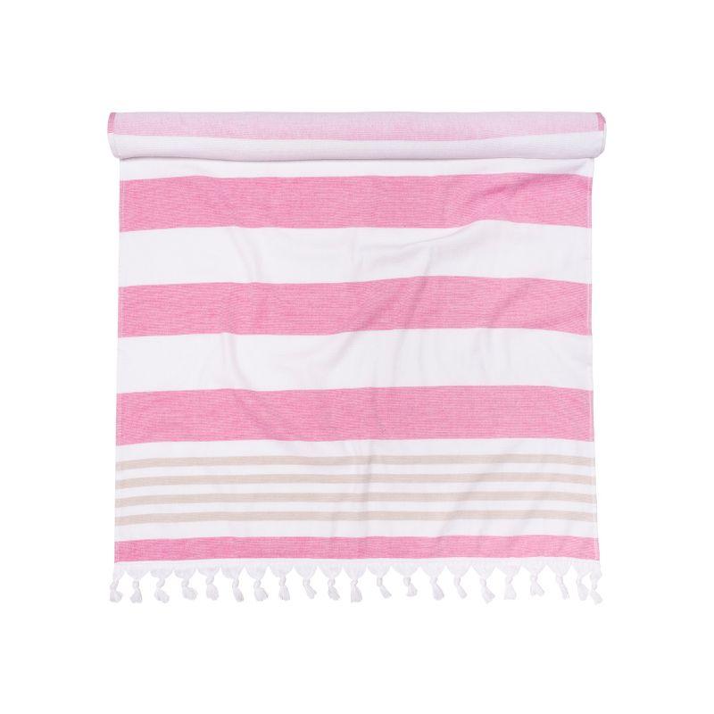 Oversized Pink and White Striped Cotton Beach Towel with Tassels