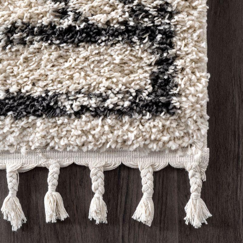 Off-White Moroccan Diamond Shag Runner Rug with Tassels