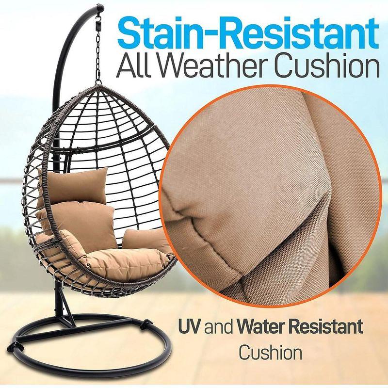 SereneLife Hanging Egg Indoor Outdoor Patio Wicker Rattan Lounge Chair with Stand - Brown