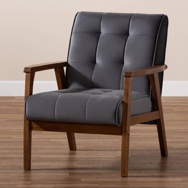 Mid-Century Modern Gray Velvet Accent Chair with Walnut Wood Frame