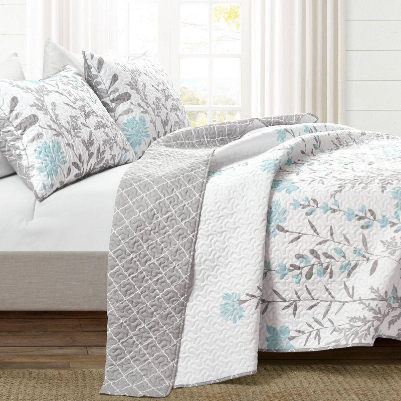 Blue and Gray Reversible Floral Microfiber Full Quilt Set