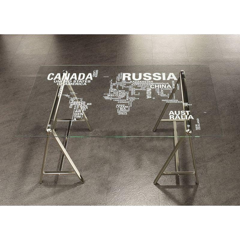 Patton Glass Top Sawhorse Writing Desk with World Map Nickel - Coaster: Steel Frame, Tempered Surface