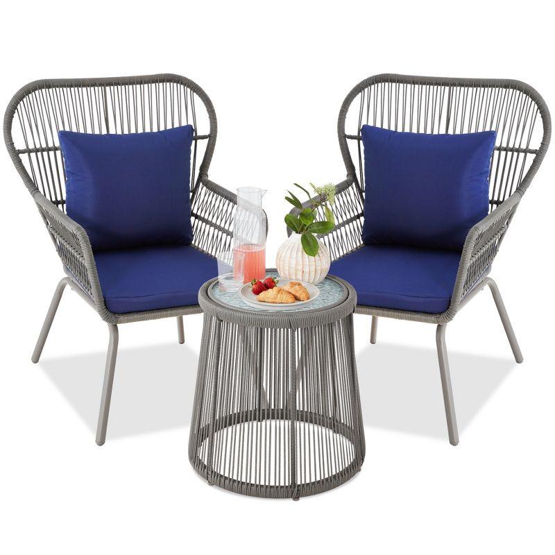 Best Choice Products 3-Piece Patio Conversation Bistro Set, Outdoor Wicker w/ 2 Chairs, Cushions, Side Table - Gray/Navy