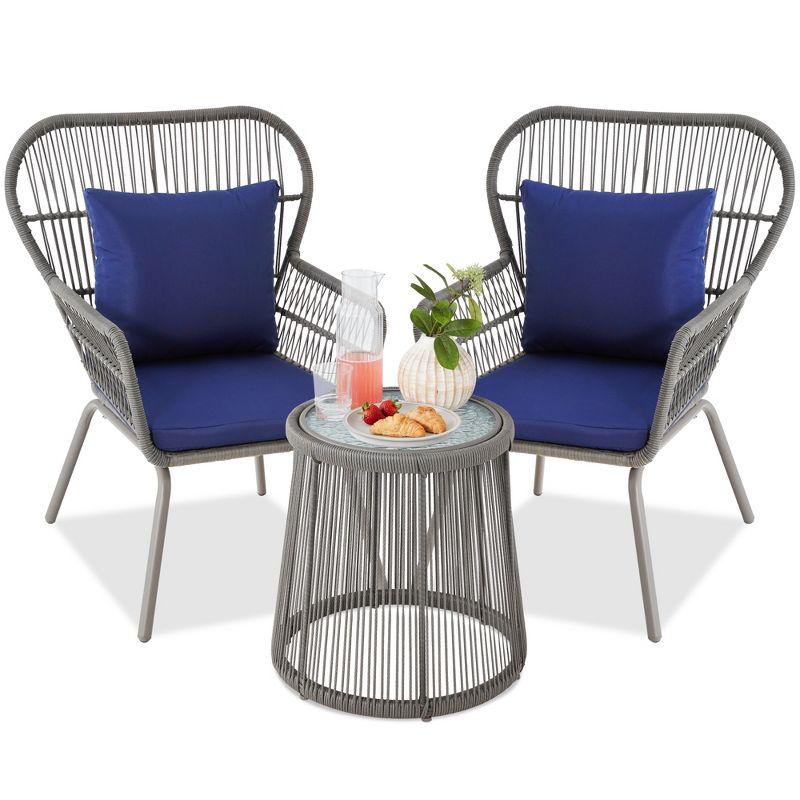 Gray and Navy Wicker 3-Piece Patio Bistro Set with Cushions and Glass Top Table