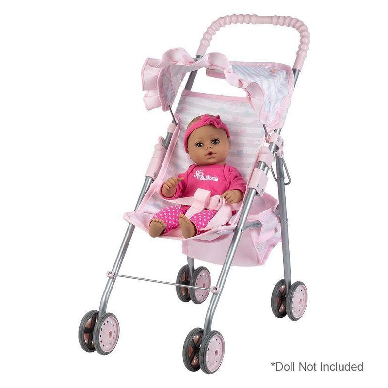 Adora Pastel Pink Heart Baby Doll Stroller with Umbrella Shade & Ruffle Trim