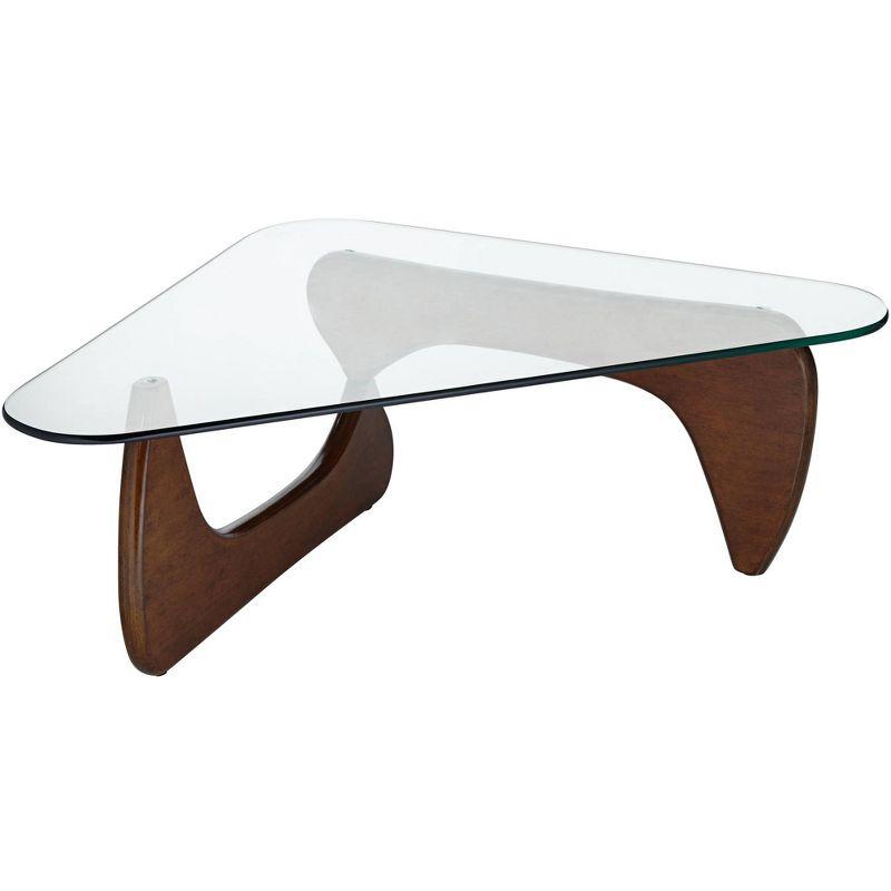 Triangular Brown Wood Coffee Table with Clear Glass Top