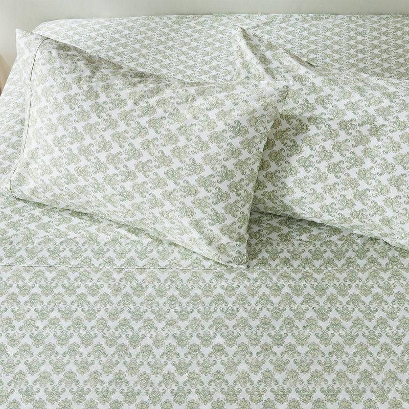 Full White and Green Cotton Percale Floral Sheet Set