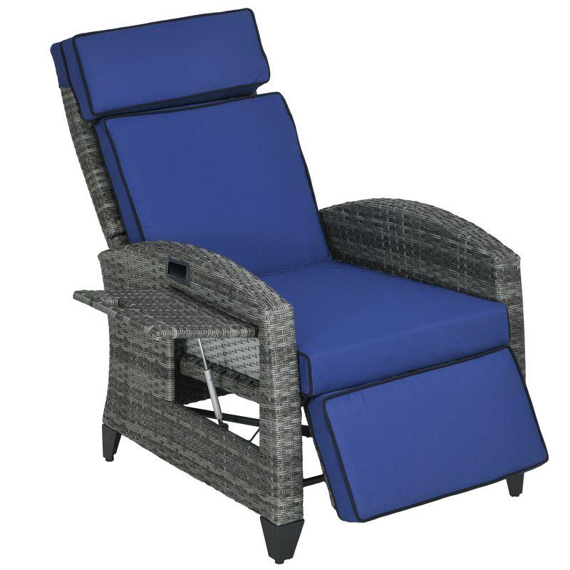 Outsunny Outdoor Recliner Chair with Cushions, PE Wicker Reclining Patio Lounge Chair with Adjustable Footrest, Armrests, Side Tray Table