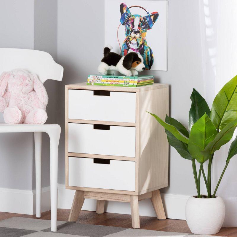 Halian Two-Tone Wood 3 Drawer Nightstand White/Light Brown - Baxton Studio: Scandinavian Style, MDF & Paulownia Frame