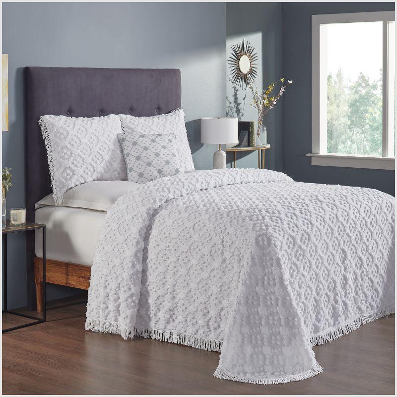 Better Trends Charleston Collection 100% Cotton Bedding sets, Machine Washable Soft and Breathable 4-piece Chenille Bedspread & Sham with Geometric Embroidery, All season