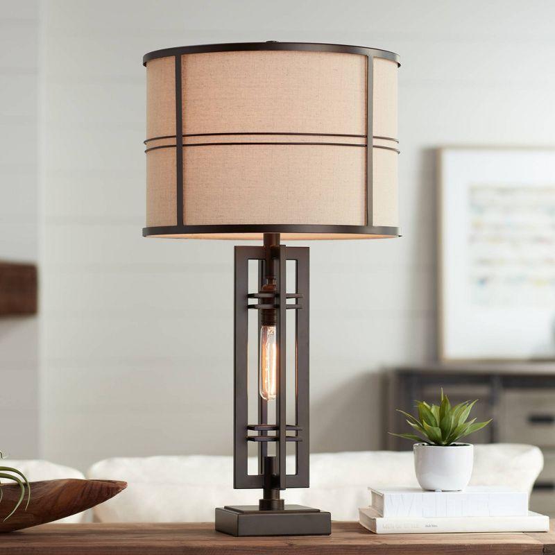 Franklin Iron Works Elias Modern Industrial Table Lamp 28" Tall Oiled Bronze with Nightlight Off White Oatmeal Drum Shade for Bedroom Living Room Kids