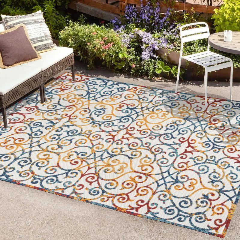 3'x5' Atrani Scroll Trellis Indoor/Outdoor Area Rug, Cream/Blue/Red - JONATHAN Y