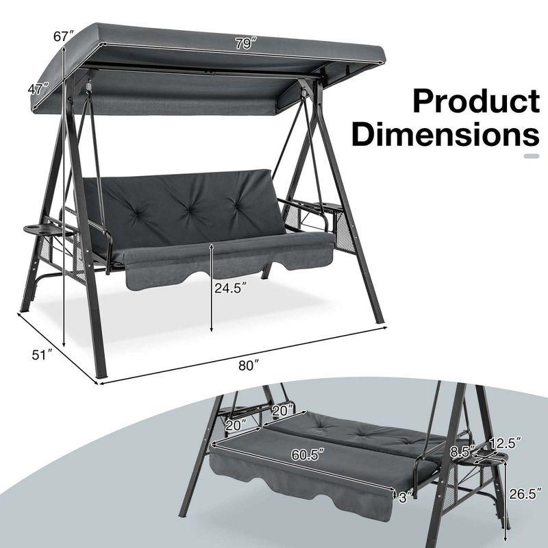 Gray Steel 3-Seat Outdoor Porch Swing with Adjustable Canopy