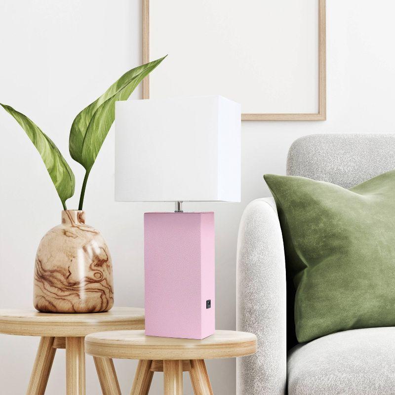 21" Lexington Leather Base Modern Home Decor Bedside Table Lamp with USB Charging Port and Fabric Shade Blush/White - Lalia Home: No Assembly