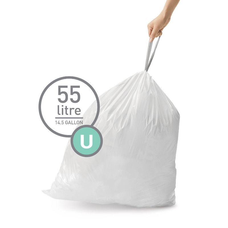 Simplehuman Code U Custom Fit Drawstring Trash Bags, 55 Liter / 14.5 Gallon, White, 60 Liners (Set of 60)