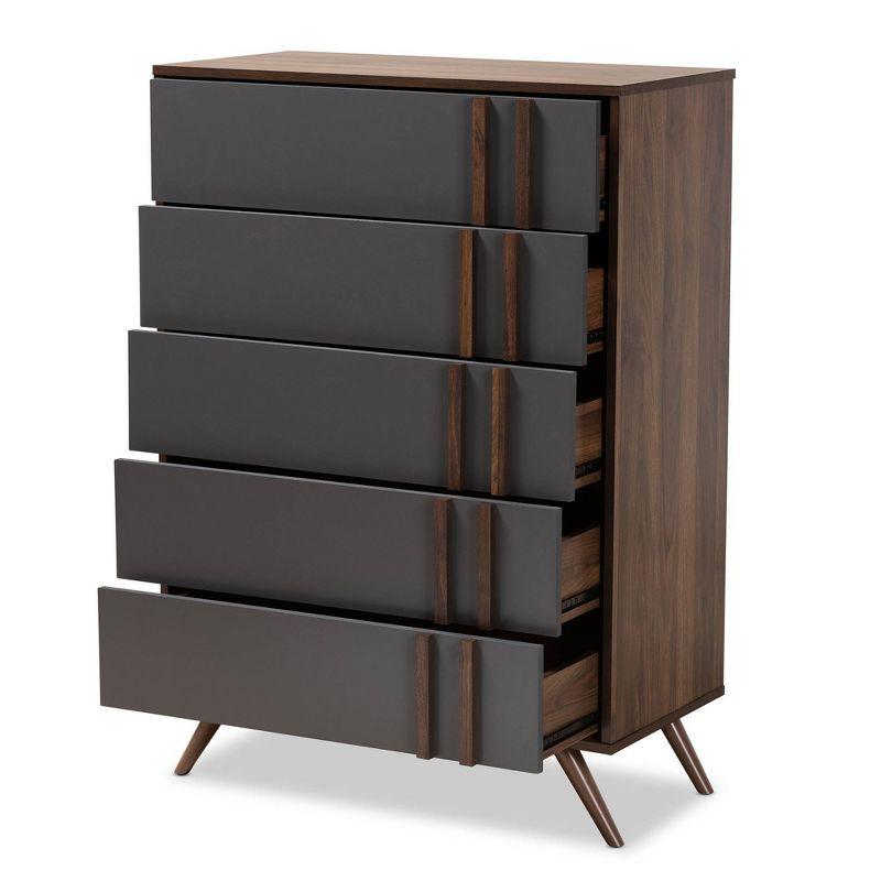 5 Drawer Naoki Wood Bedroom Chest Gray/Walnut - Baxton Studio: Modern Storage, Splayed Legs