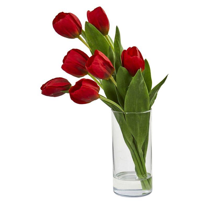 Red Tulip Artificial Arrangement in Clear Glass Vase