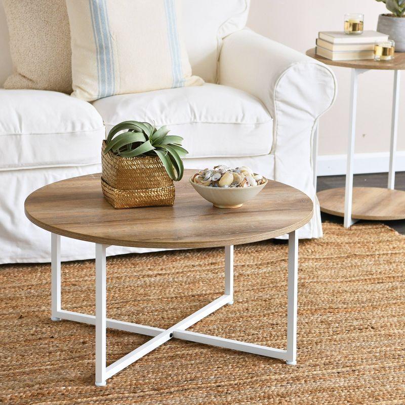 Round Coastal Oak and White Metal Coffee Table