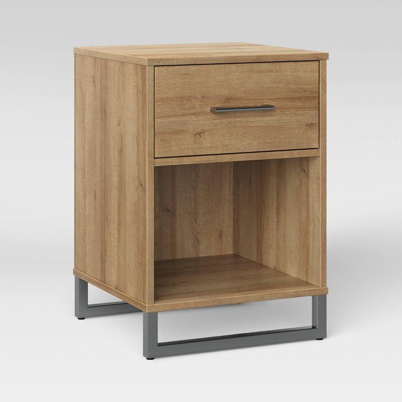 Mixed Material Dorm Nightstand Natural - Room Essentials™: Spacious Drawer, Open Shelf, Metal Legs