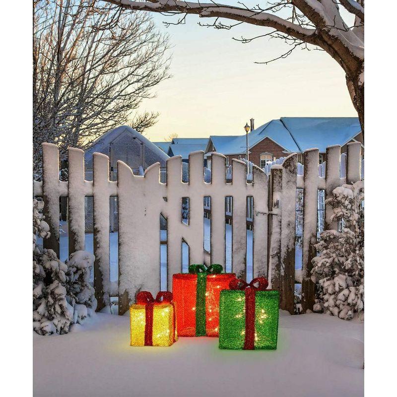 Candy Cane Lane 8/10/12 Inch Set Of Three Red, Gold, Green With Red Or Green Bow Presents Outdoor Led Décor, Nested