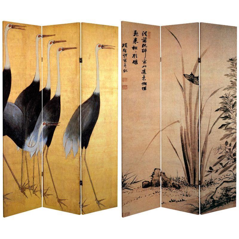 6" Double Sided Cranes Room Divider Beige - Oriental Furniture: Japanese Art, Privacy Screen