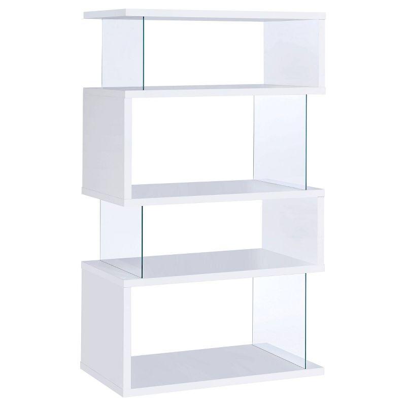 White Zig Zag 4-Shelf Bookcase with Glass Panels