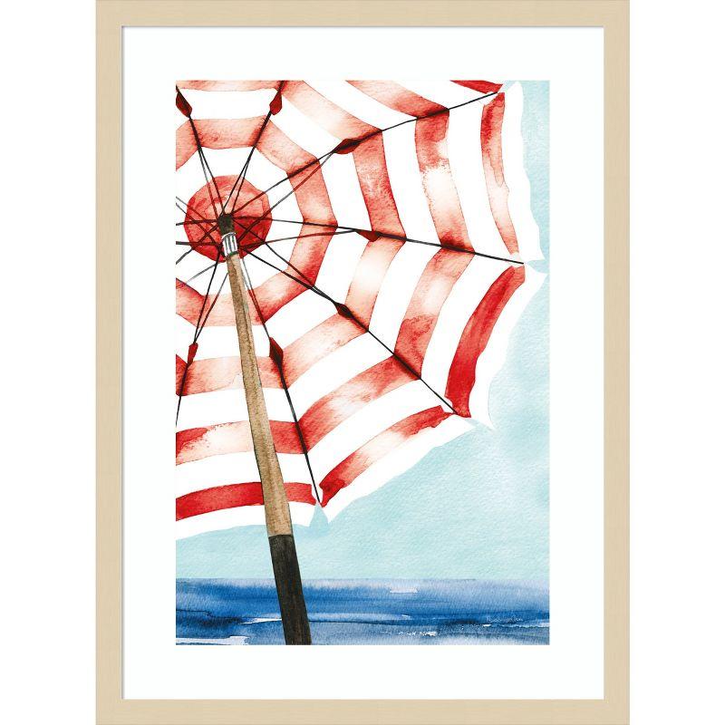 Red and White Striped Beach Umbrella Framed Wall Art Print