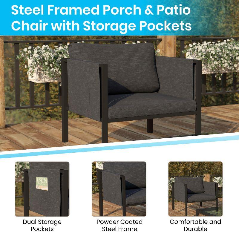 Flash Furniture Lea Indoor/Outdoor Patio Chair with Cushions - Modern Steel Framed Chair with Storage Pockets