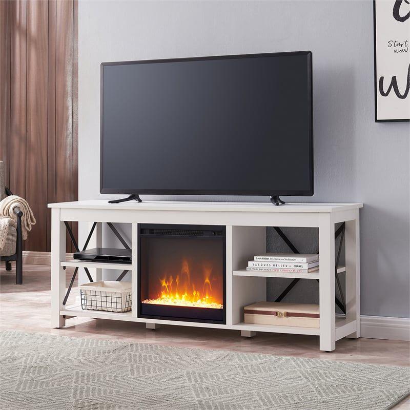 White TV Stand with Crystal Fireplace Insert - Henn&Hart