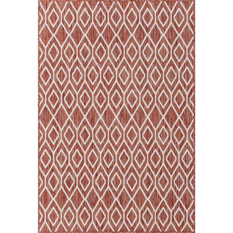 Rust and White Geometric Flat Woven Outdoor Rug, 4' x 6'